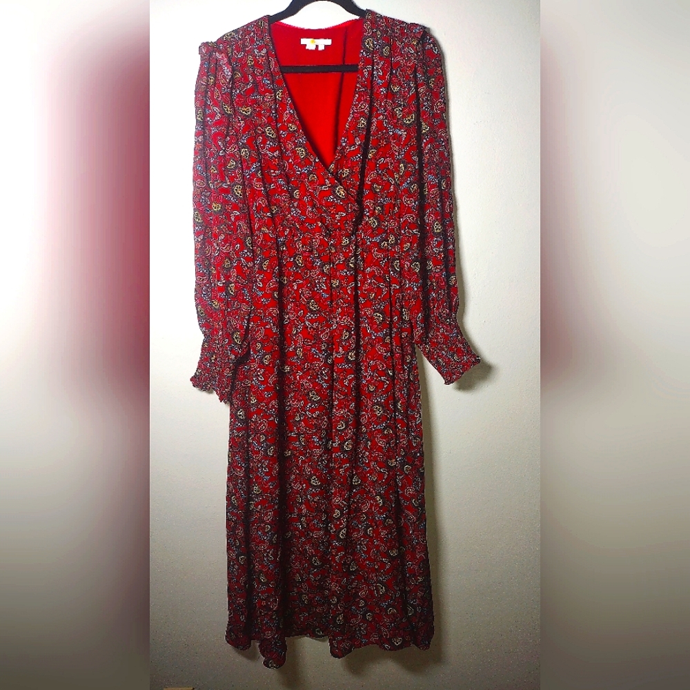 Boden Burgundy Red Floral Paisley Long Sleeve Maxi Vneck Dress Size 10 R
